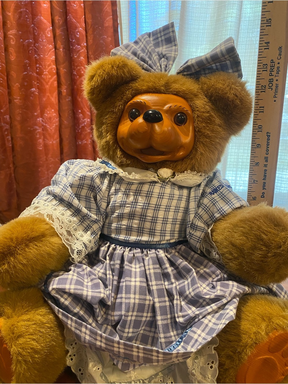 Robert Raikes Becky Thatcher Wooden Face Plush Bear with Blue Plaid Dress